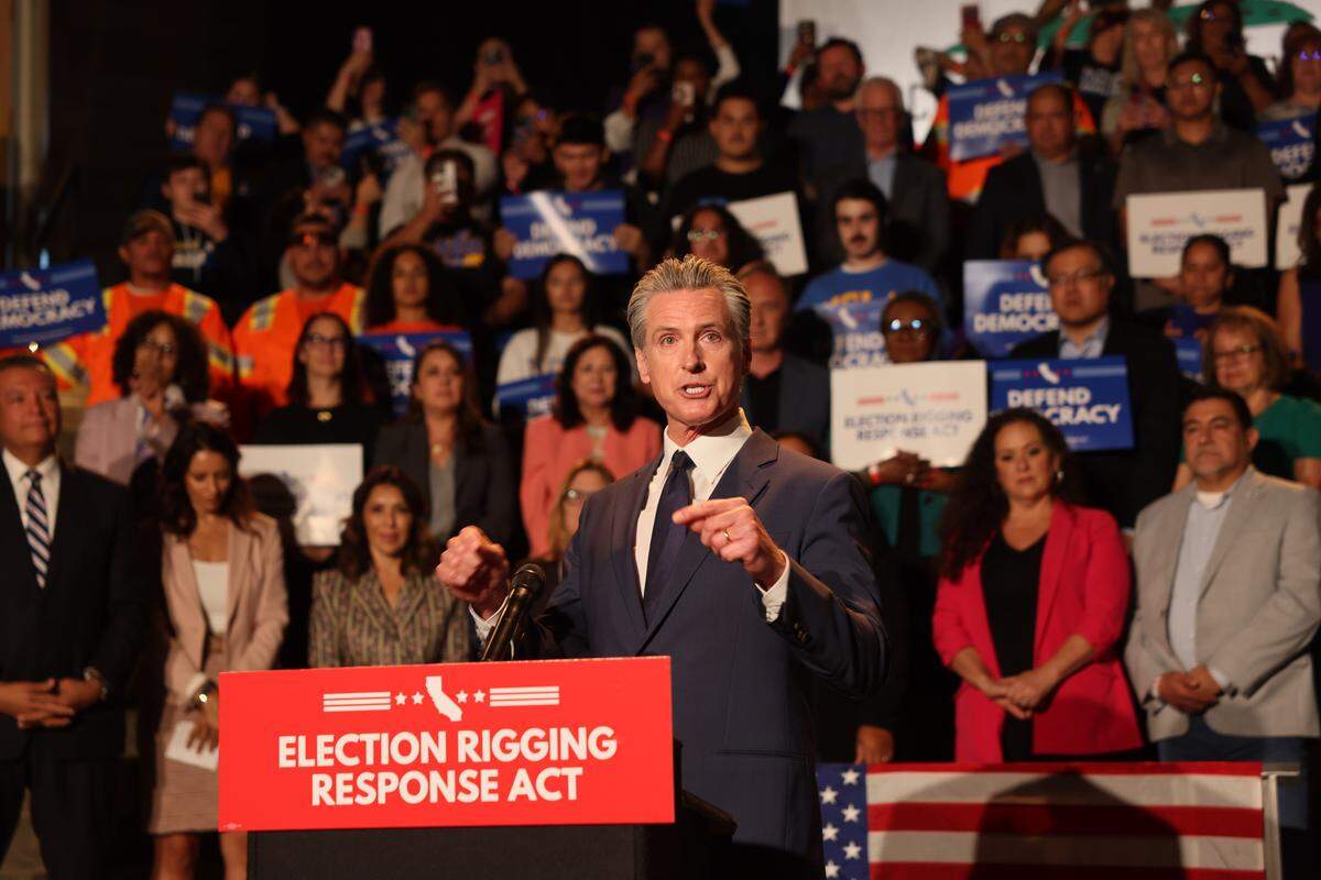 Gov. Gavin Newsom announces an effort to quickly redraw the state's congressional districts at the Japanese American Museum in Los Angeles on Thursday.