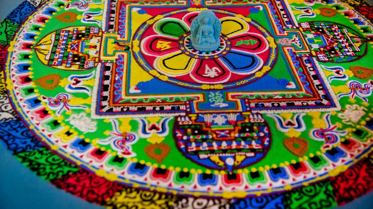 A completed Medicine Buddha sand mandala created by Tibentan monks from India is on display at Lion’s Roar Dharma Center in East Sacramento on Sept. 16, 2018. The monks spent four days meditating and creating the mandala by hand as part of their Compassion Tour to spread healing energy and raise funds to support poor children in India.