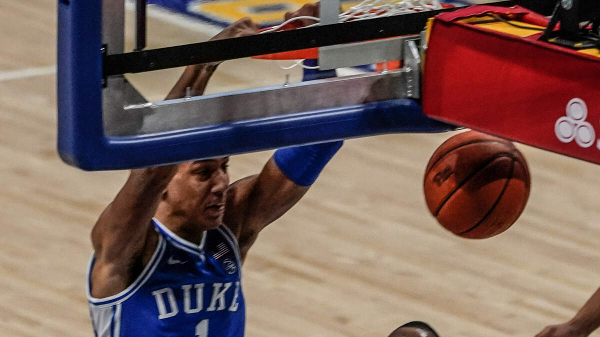 Duke’s Jalen Johnson (1) dunks on Pittsburgh during the first half of an NCAA college basketball game, Tuesday, Jan. 19, 2021, in Pittsburgh. (AP Photo/Keith Srakocic)