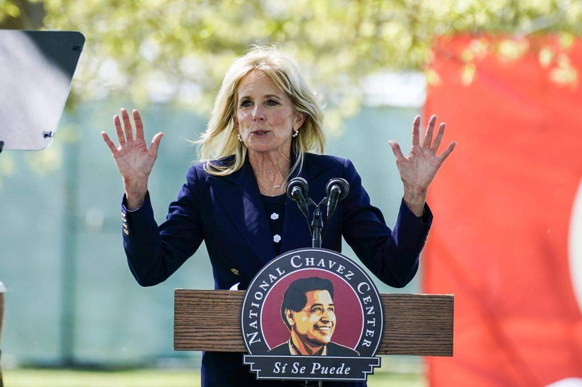First Lady Dr. Jill Biden participates in a Day of Action at The Forty Acres with the Cesar Chavez Foundation, United Farm Workers and the UFW Foundation in March 2021 in Delano. President Joe Biden expressed support for a California bill allowing farmworkers to vote by mail in union elections that Newsom is considering signing.