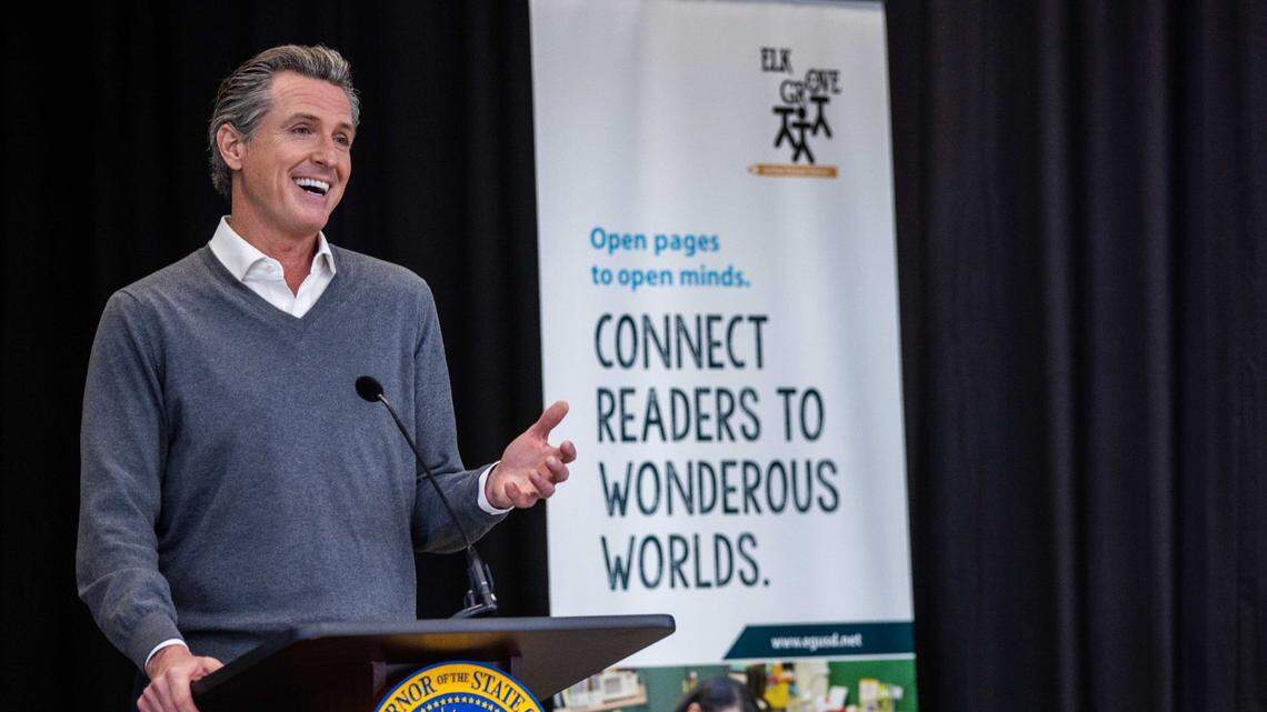 California Gov. Gavin Newsom, joined by legislative leaders, announces a deal to reopen California schools at press conference at Franklin Elementary School in Elk Grove on Monday, March 1, 2021.