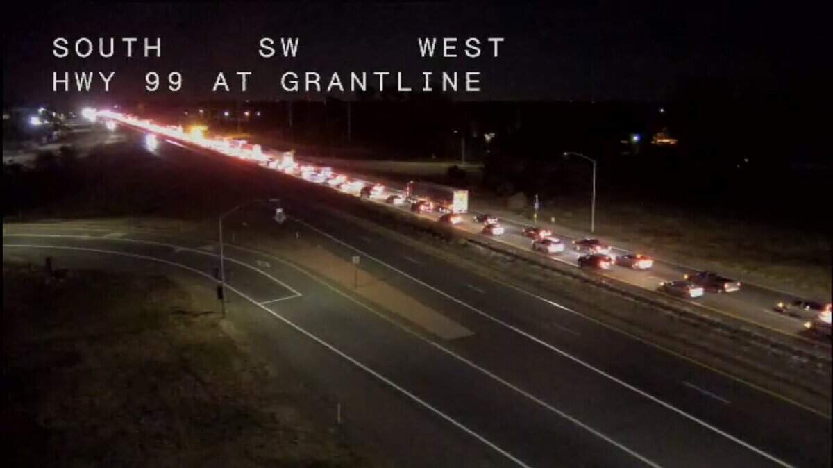 Traffic is backed up following a fatal collision on Highway 99 on Monday, June 26, 2018.