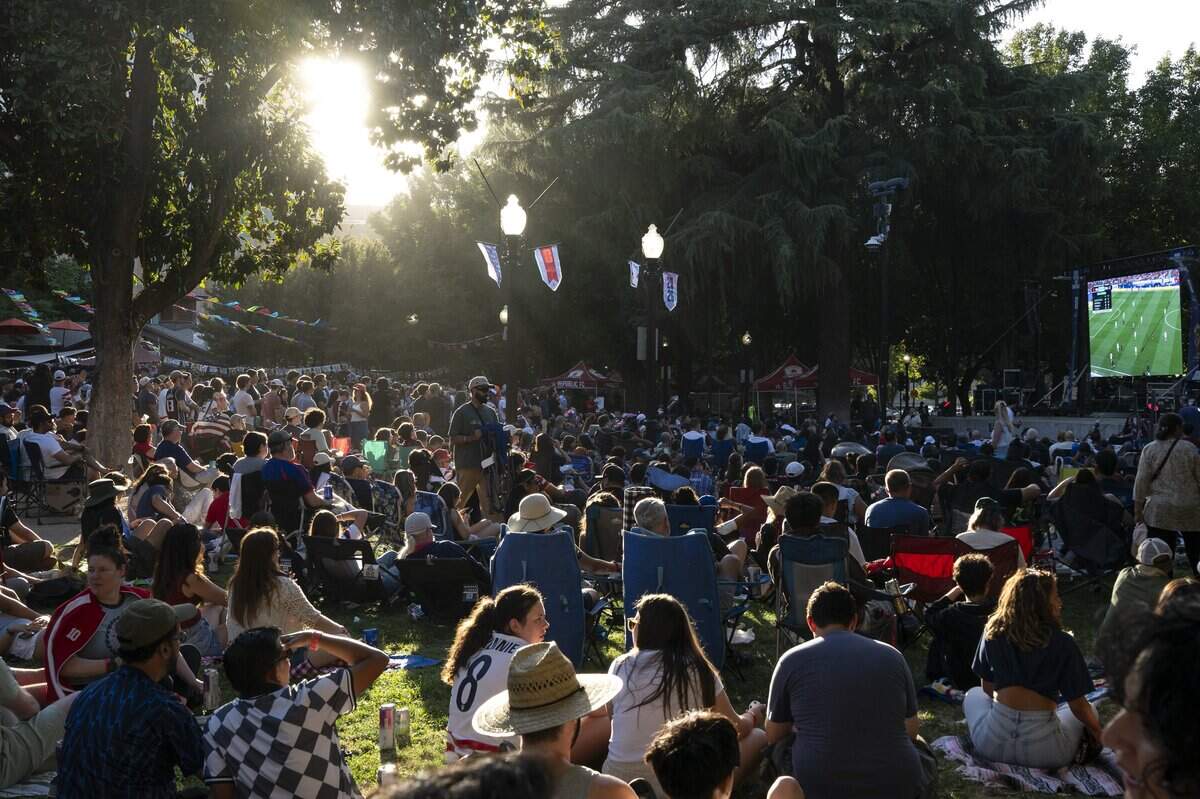 FIFA fans gather in downtown Sacramento to watch the final Group D game between the United States and Turkey at a block party hosted by Republic FC at the plaza across from City Hall on Thursday in Sacramento.