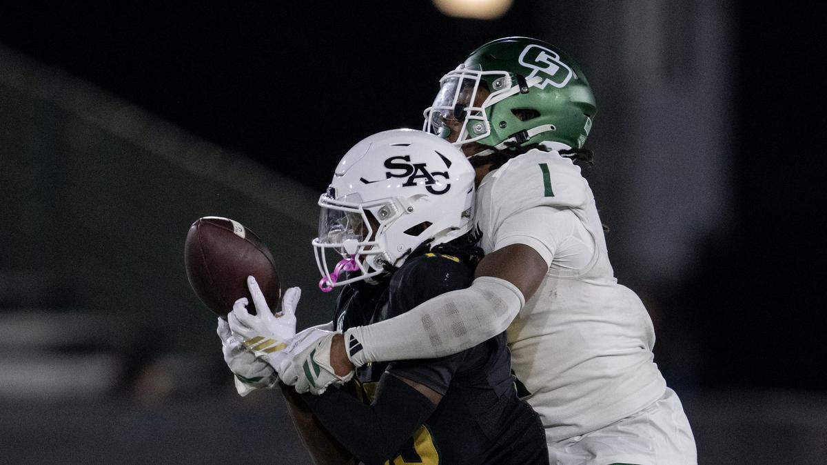 Cal Poly Mustangs safety Jeremiah Bernard breaks up a pass intended for Sacramento State Hornets wide receiver Ernest Campbell in the second half Sept. 27, 2025, in Sacramento.