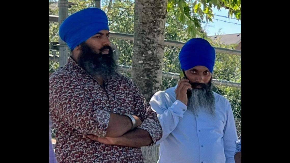 Sikh leader Satinder Pal Singh Raju stands with Hardeep Singh Nijjar, who was assassinated in Canada last year. The CHP is investigating the highway shooting at a pickup truck in which Raju was a passenger on Aug. 11, 2024.