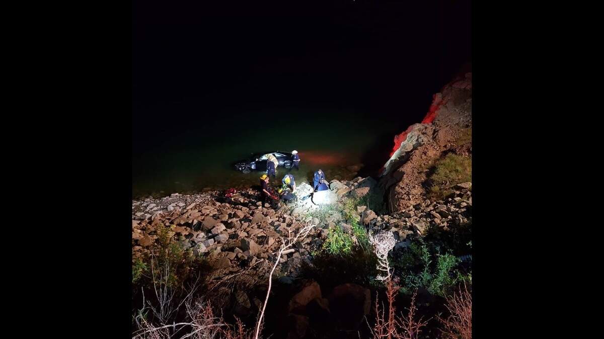 Amador sheriff’s officials say an 83-year-old driver and his 90-year-old wife survived after their sedan crashed down a 70-foot embankment into shallow water in Lake Camanche on Wednesday, April 16, 2020. Neither were seriously hurt.