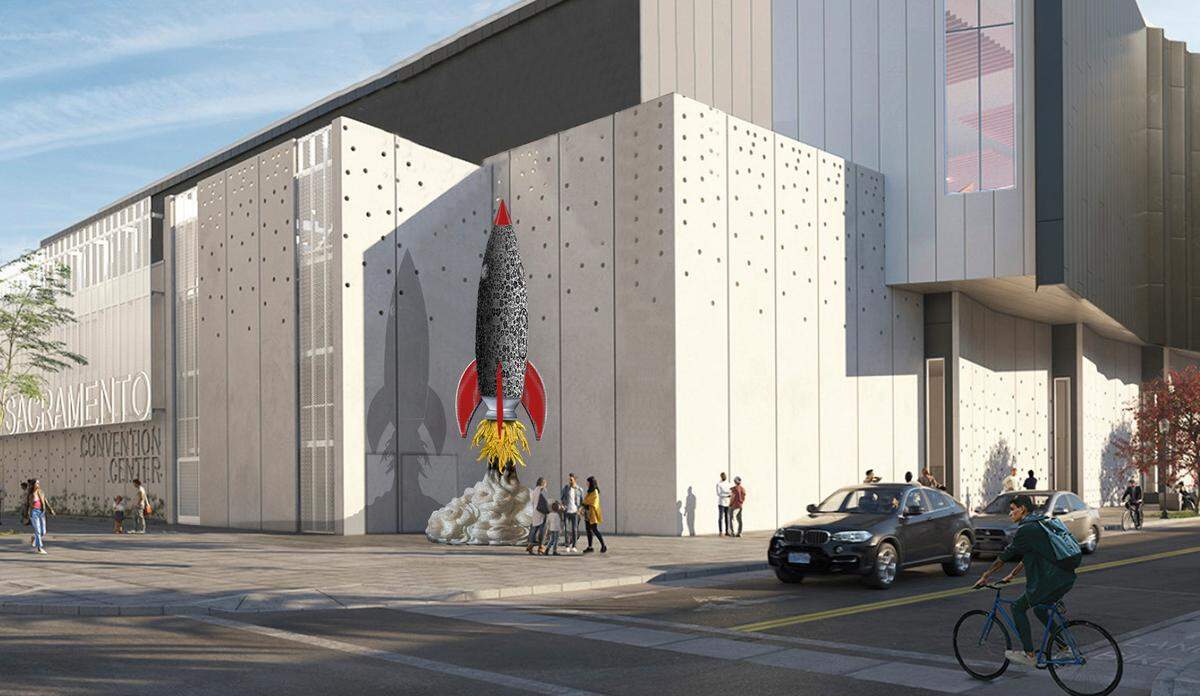 The City of Sacramento commissioned 34-foot-tall sculpture of a rocket ship blasting off by artists and brothers Einar and Jamex de la Torre, to be placed at the corner of 13th and J streets as the signature public art piece for the expansion of Sacramento’s convention center.