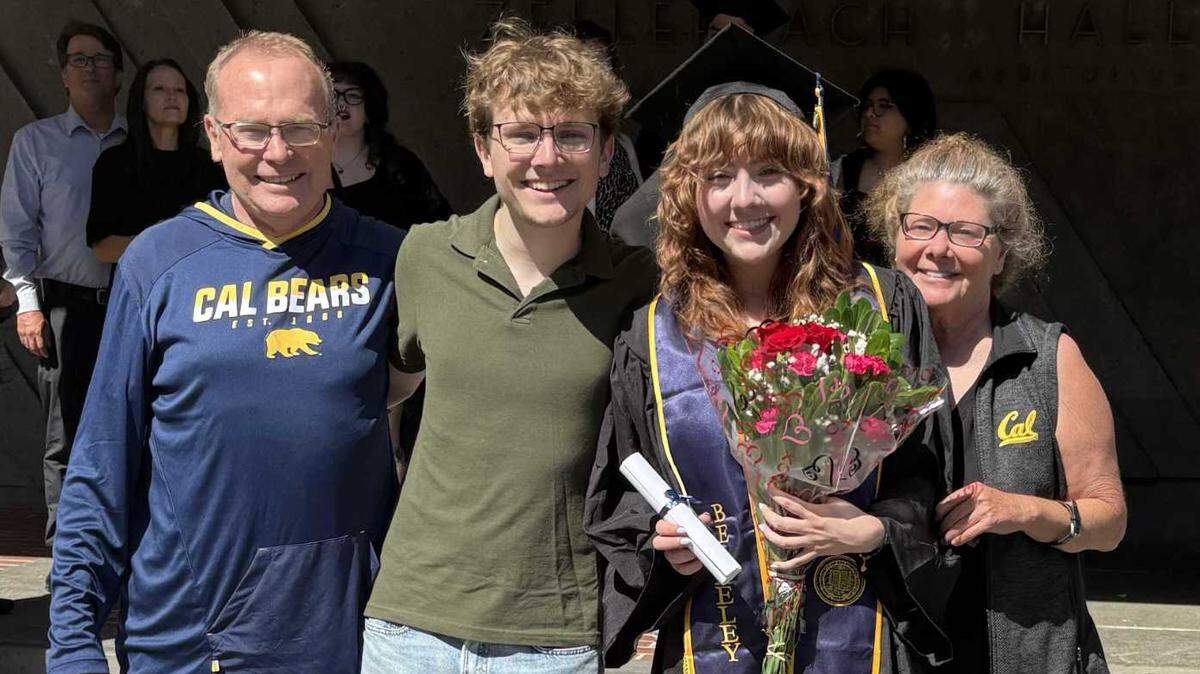 Rose Goyette poses with her family at her UC Berkeley graduation in May. She won a Fulbright scholarship to teach English in Lyon, France.