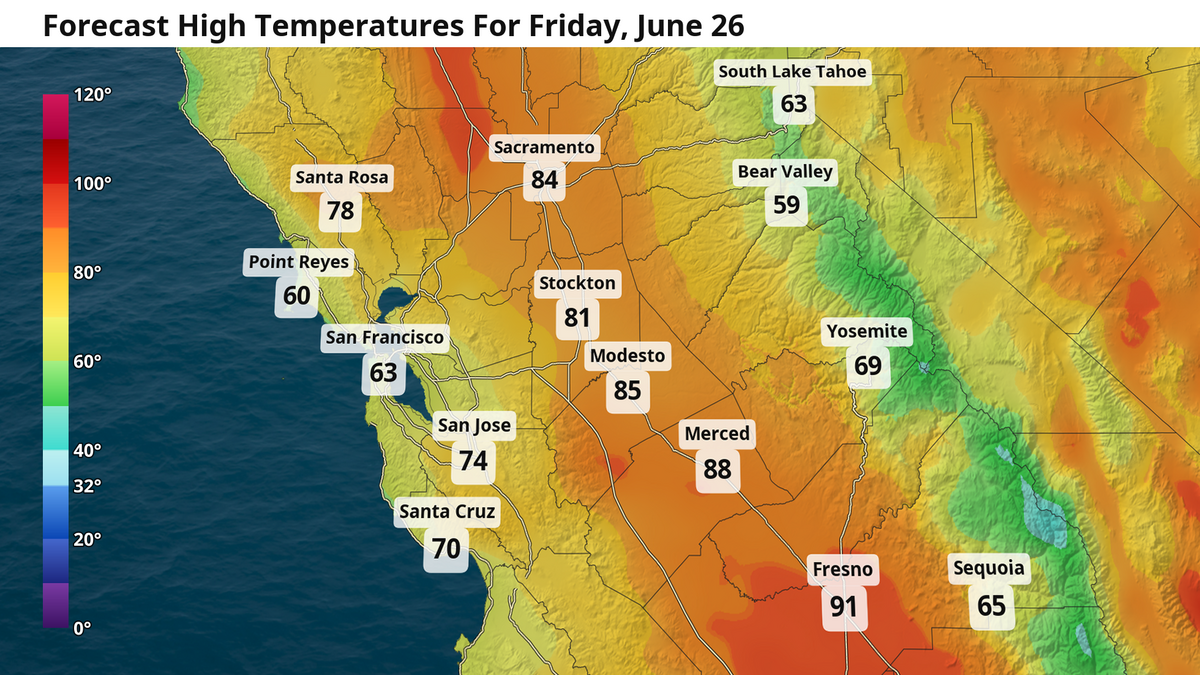 Forecast high temperatures for Friday, June 26
