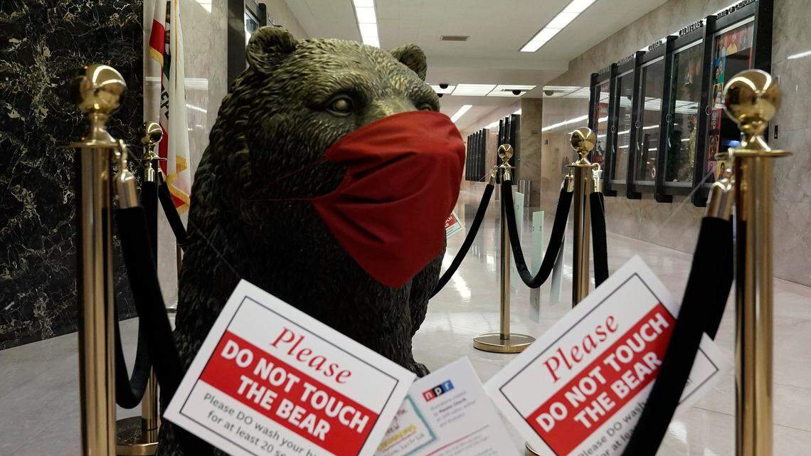 FILE - In this Feb. 10, 2021, file photo, a mask is seen on the sculpture of a bear outside of Gov. Gavin Newsom’s Capitol office, in Sacramento, Calif. On Tuesday, July 6, 2021 the mask mandate was reinstated for all legislators and staff regardless of their vaccination status after nine new COVID-19 cases was reported last week. The sculpture was purchased by former Gov. Arnold Schwarzenegger and was quickly nicknamed “Bacteria Bear,” after it became a favorite backdrop for photographs and selfies by school children and other Capitol visitors.