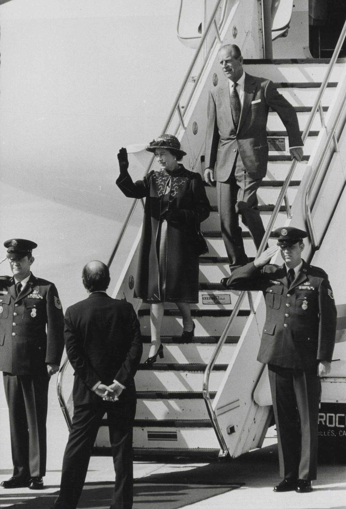 Queen Elizabeth II and Prince Phillip arrive at Sacramento Metropolitan Airport on Air Force II on March 4, 1983.