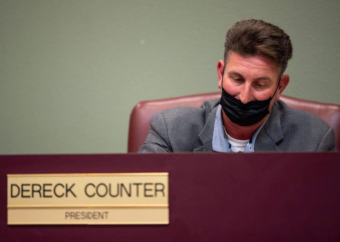 Rocklin Unified School Board member Dereck Counter wears a mask while attending a board meeting in September 2021. He received a donation from the American Council.