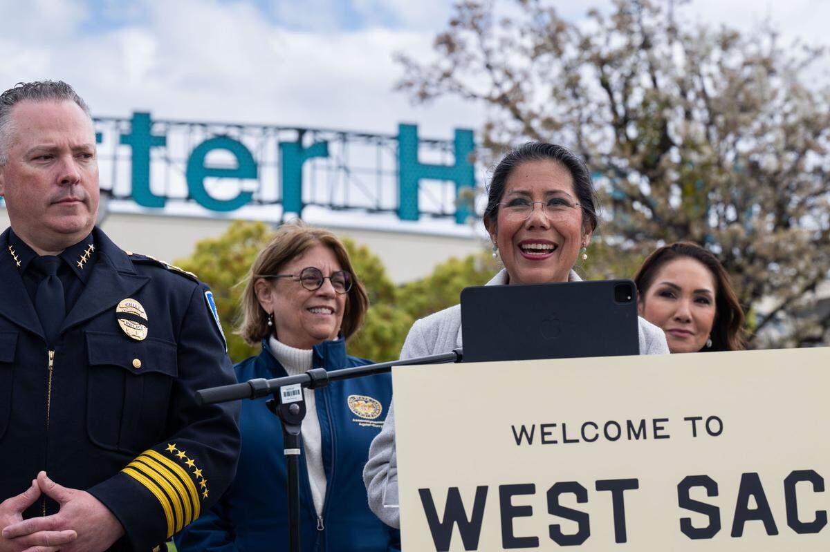 West Sacramento Mayor Martha Guerrero speaks during a press conference at Sutter Health Park on March 27, 2025, to officially welcome the Athletics to West Sacramento and celebrate the coming Opening Days for the River Cats and the A’s. 