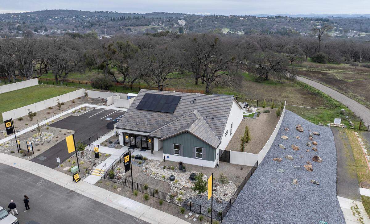 A model home stands ready for visitors in Northern California’s first Wildfire Prepared Neighborhood, as designated by the Insurance Institute for Business and Home Safety, in Cameron Park on Wednesday, Jan. 21, 2026. The development is being built by Los Angeles-based KB Home, and prices will start around $780,000.
