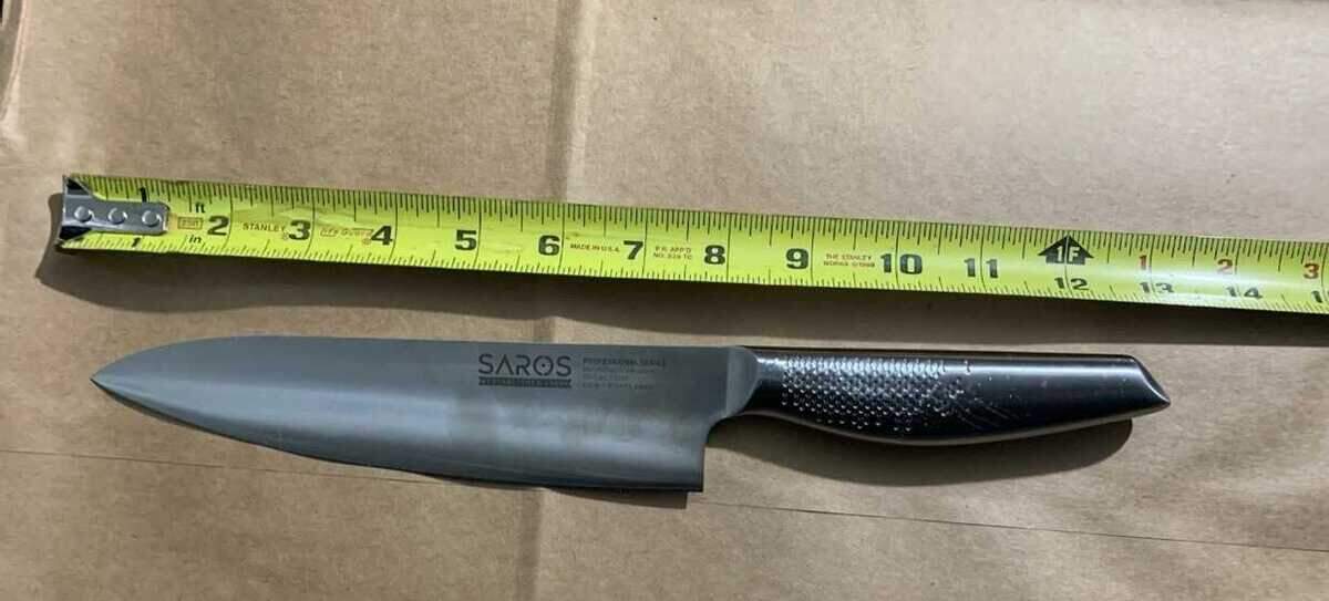 A kitchen chef's knife that officers say a man used on them before being shot by officers on Tuesday, March 10, 2025, outside an elementary school in the Northgate section of Sacramento. The Sacramento Police Department said one of its officers fired on the man, who was hospitalized.
