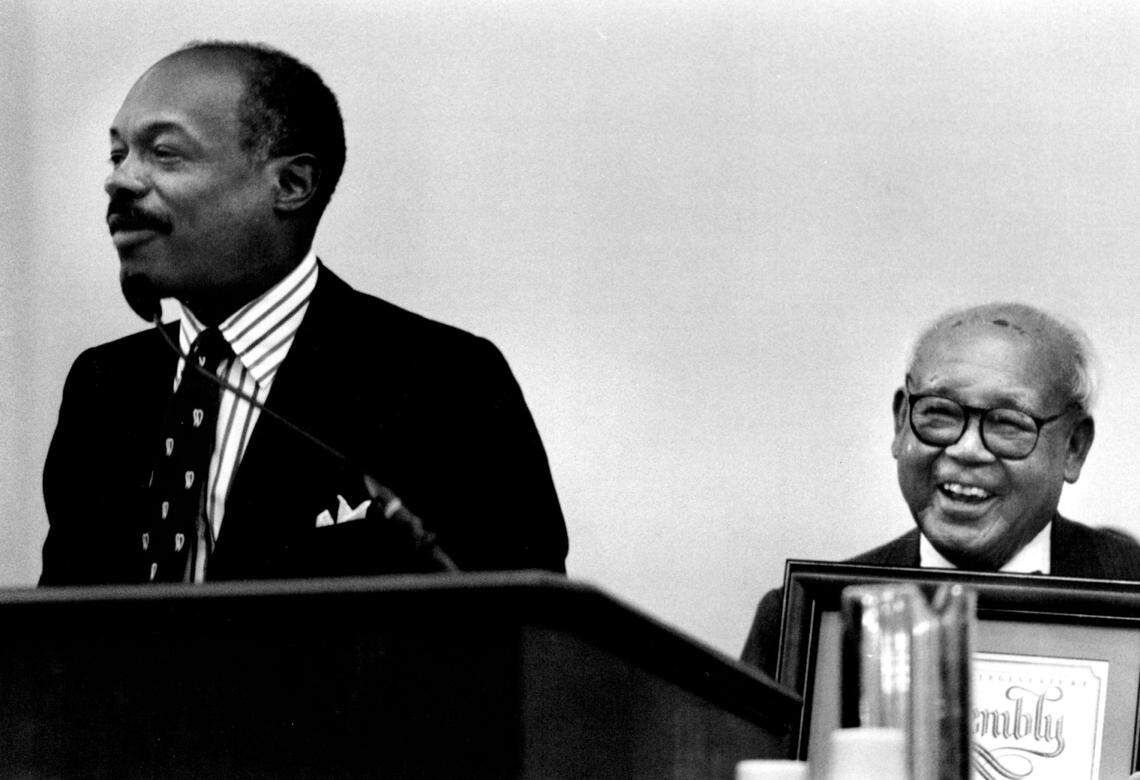 Frank Fat, holding a plaque awarded him Monday by state Assembly resolution, enjoys a laugh during Speaker Willie Brown’s tribute to the legendary L street restaurateur. Fat and family celebrated the eatery’s 50th anniversary with a $3,000 members-only buffet in the Capitol. possible gallery notable local people Gallery Willie Brown