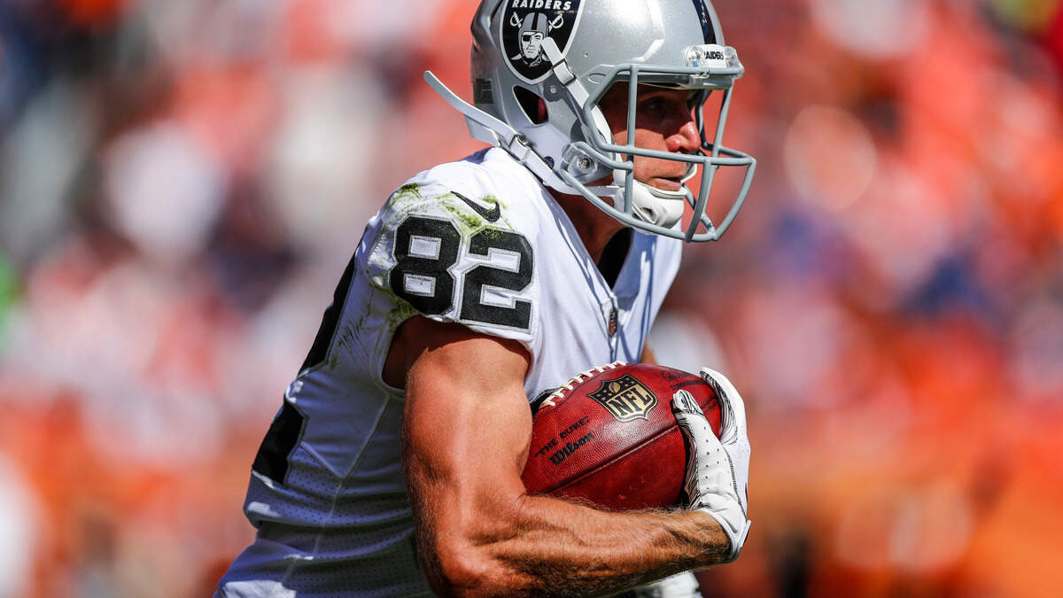 Oakland Raiders wide receiver Jordy Nelson (82) runs against the Denver Broncos during the first half of an NFL football game, Sunday, Sept. 16, 2018, in Denver.