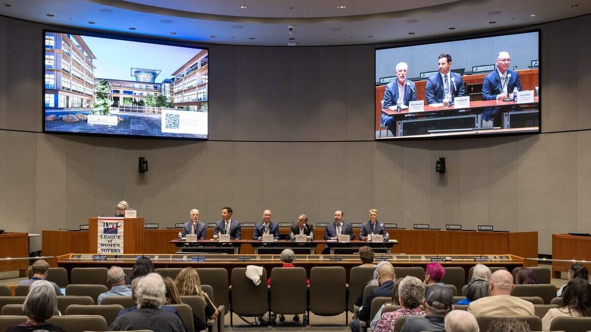 CalPERS board candidates take questions during a candidate forum at CalPERS headquarters in Sacramento on Wednesday.