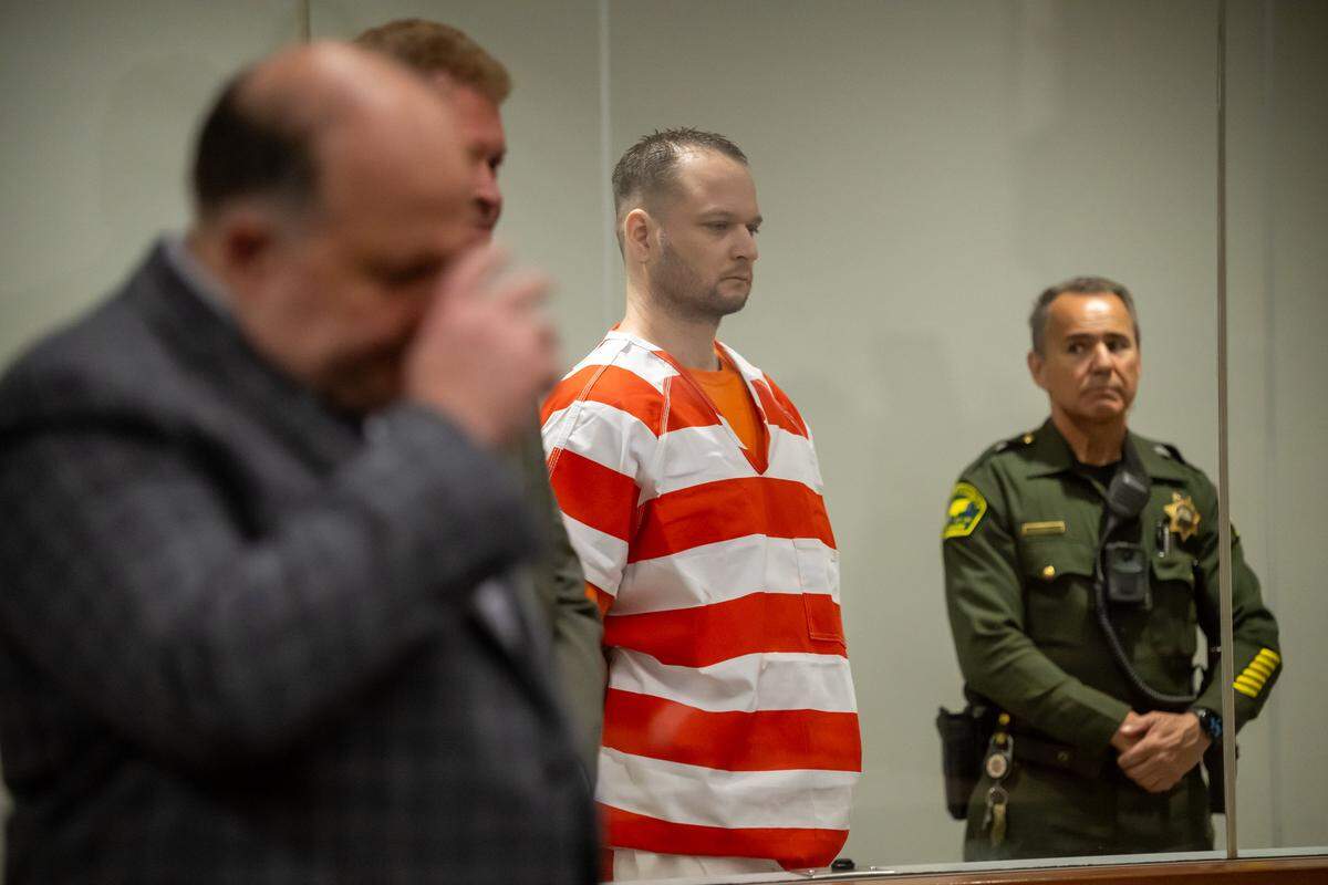Public Defender Nick Tziavaras stands with Eric James Abril who was sentenced to life in prison without the possibility of parole at Placer Superior Court on Wednesday. Eric James Abril killed a hostage and wounded two other people during a 2023 standoff with law enforcement at Mahany Park in Roseville.