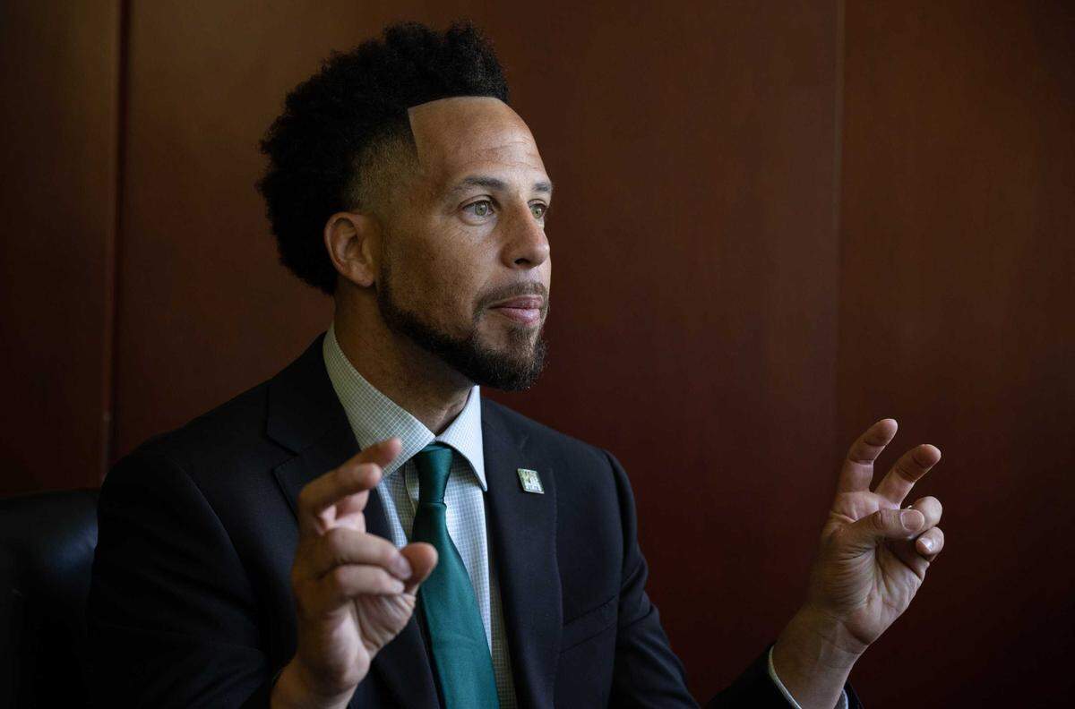 Sacramento State President Luke Wood speaks about his vision for the university in 2023 after being tapped to lead the Cal State University campus. Wood is one of 13 Cal State presidents receiving a pay raise after trustees approved a new salary framework last week.