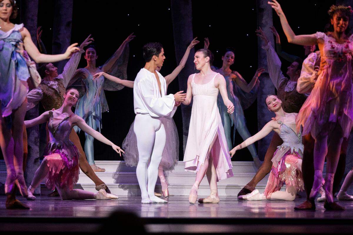 Prince Charming (Victor Maguad), left, and Cinderella (Michelle Katcher) are reunited after her foot fits the ballet slipper, during a Sacramento Ballet dress rehearsal of Cinderella on Thursday, Feb. 15, 2024, at the SAFE Credit Union Performing Arts Center.