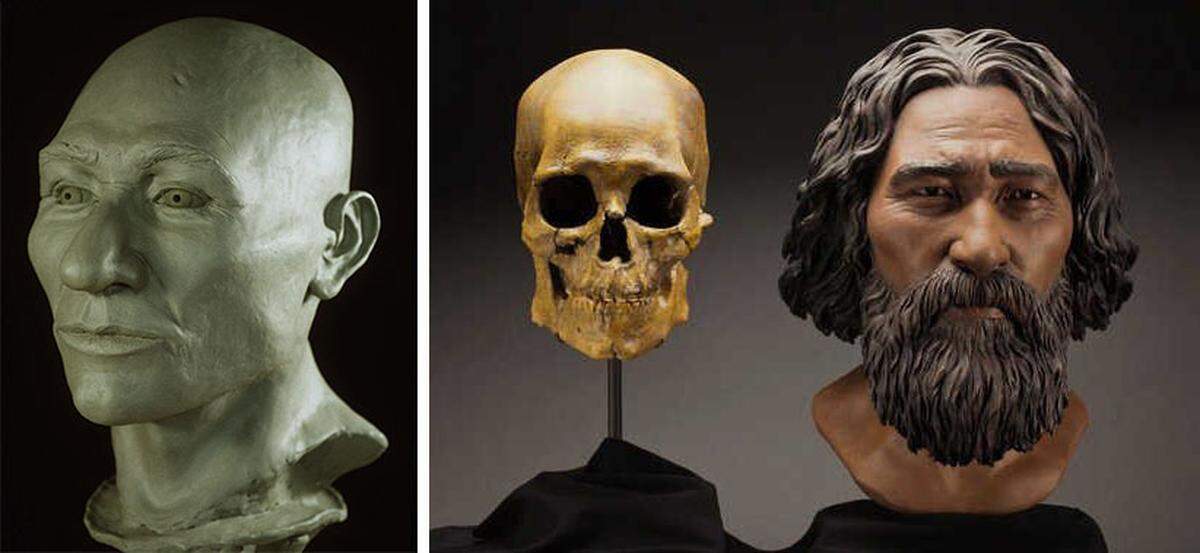 At left, the late-1990s clay facial reconstruction based on the skull of Kennewick Man. At right, the skull and a more recent reconstruction. 