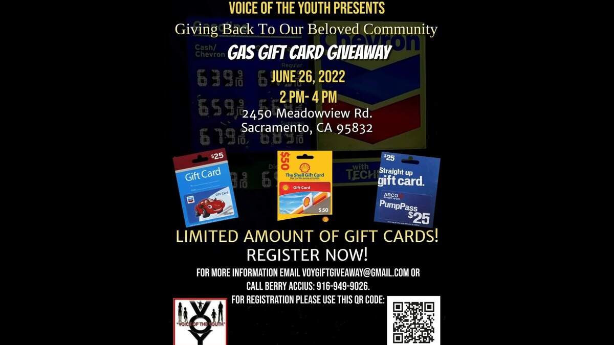 A flyer made by Voice of the Youth detailing their gas card giveaway Sunday.
