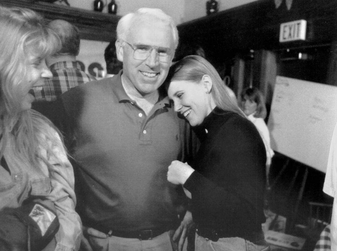 Rep. Vic Fazio and daughter Anne celebrate his win against former state Sen. H.L. Richardson on Nov. 4, 1992, at Sudwerk Brewery in Davis. Anne died of pneumonia in 1995 after a nine-year battle with leukemia.