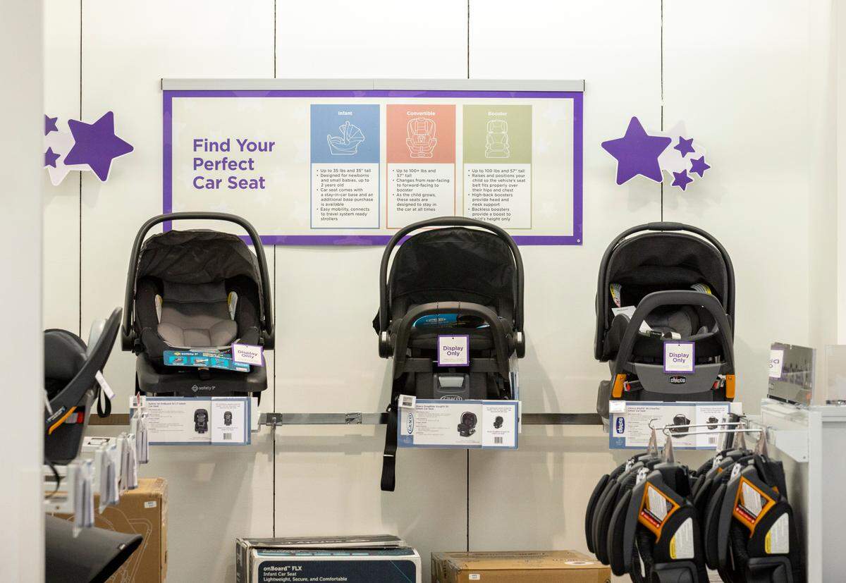 Car seats are on display at the Babies R Us shop inside Kohl’s in Brookfield, Wis., in 2024.