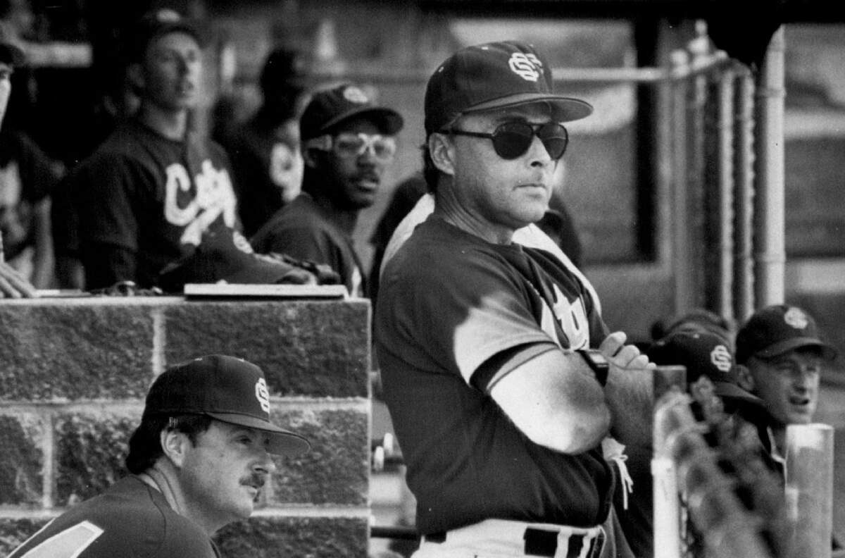 Sacramento City College baseball coach Jerry Weinstein stands in the dugout in the 1980s. He is not named as a defendant in the lawsuit but is accused of not taking action against Mark Port.