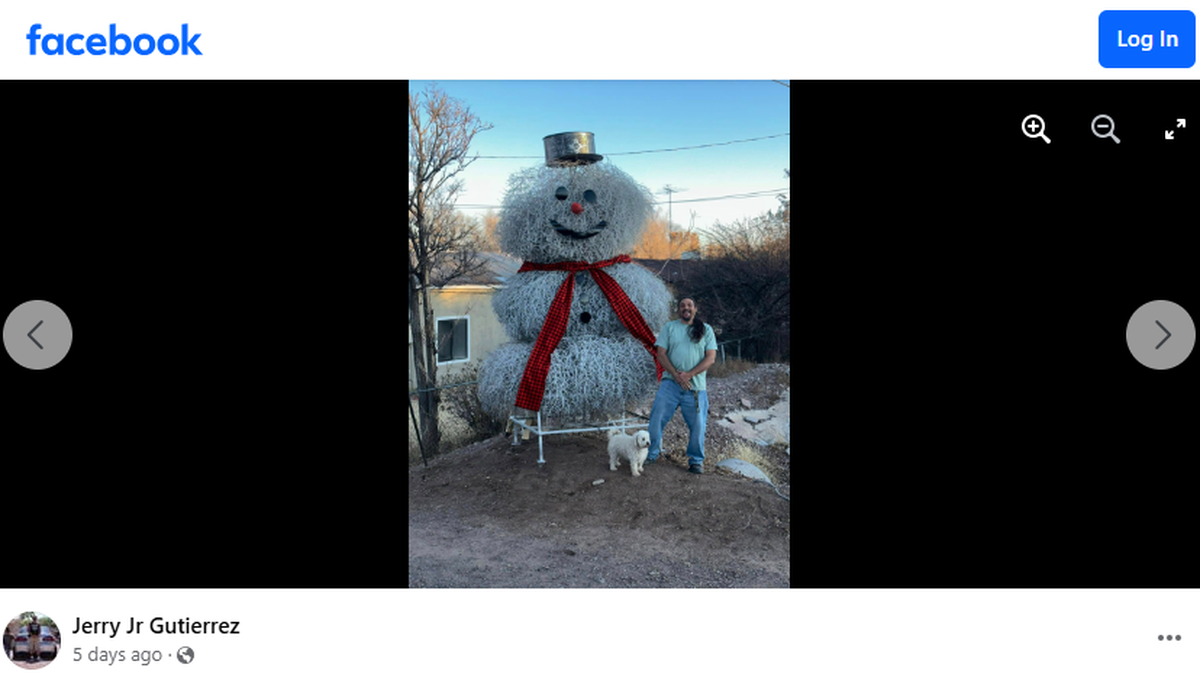 Jerry Gutierrez Jr. puts up a 15-foot snowman at his auto body shop in Socorro, New Mexico, every year.