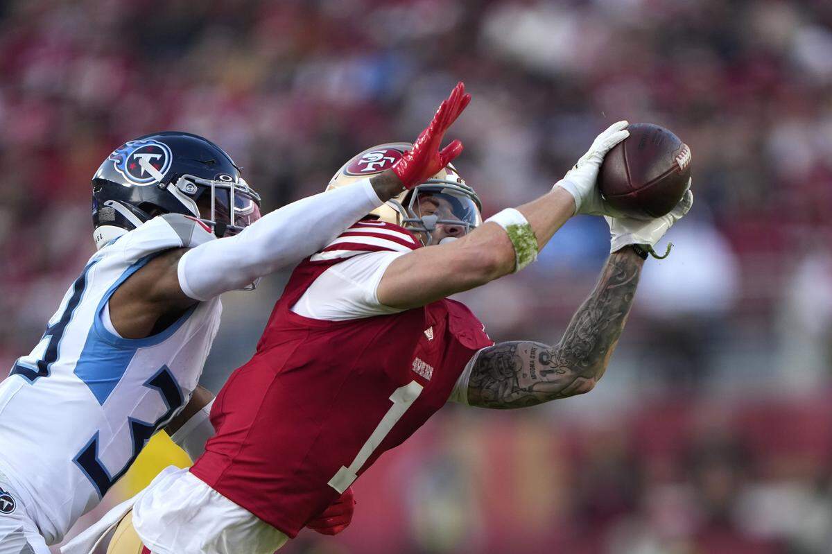 SANTA CLARA, CALIFORNIA - DECEMBER 14: Ricky Pearsall #1 of the San Francisco 49ers catches a pass during the third quarter against the Tennessee Titans at Levi's Stadium on December 14, 2025 in Santa Clara, California. (Photo by Thearon W. Henderson/Getty Images)