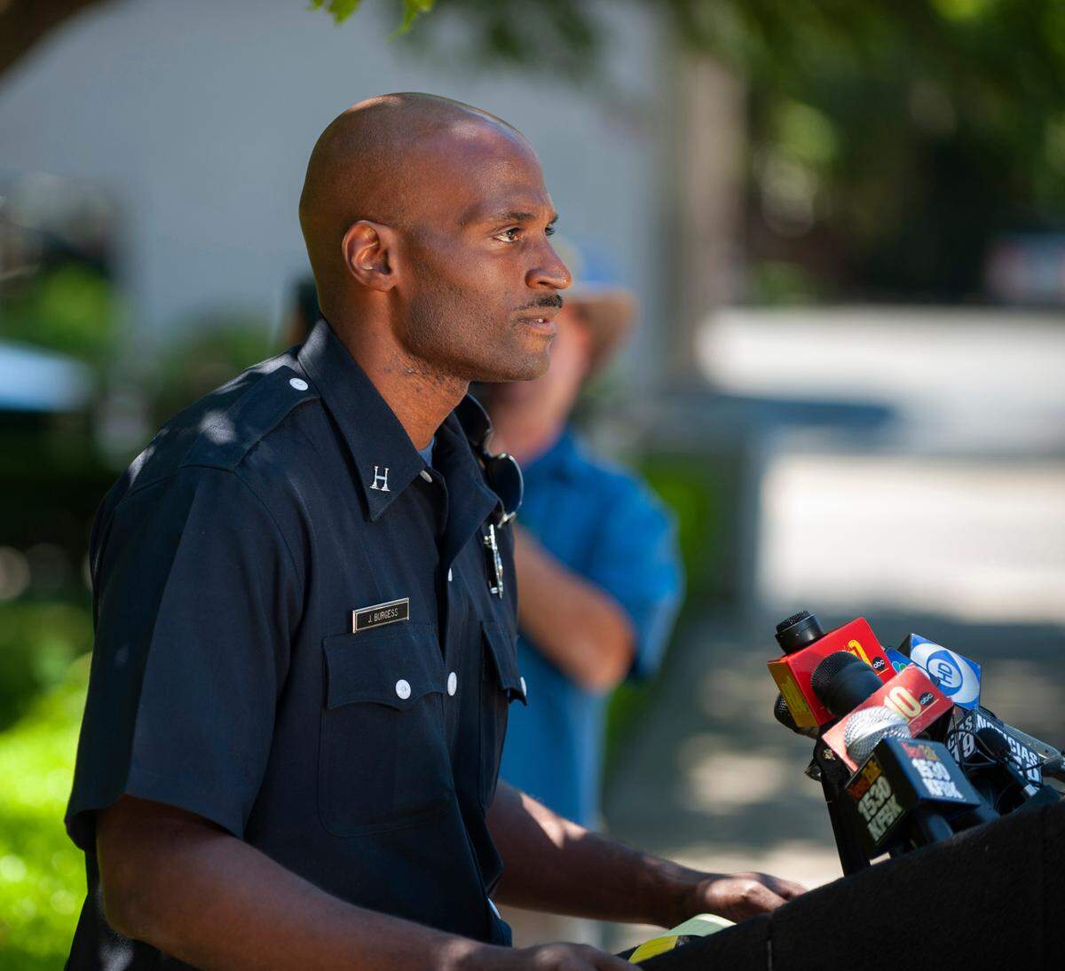 Jonathan Burgess, then a captain in the Sacramento Fire Department, gives a briefing to the media in 2010.
