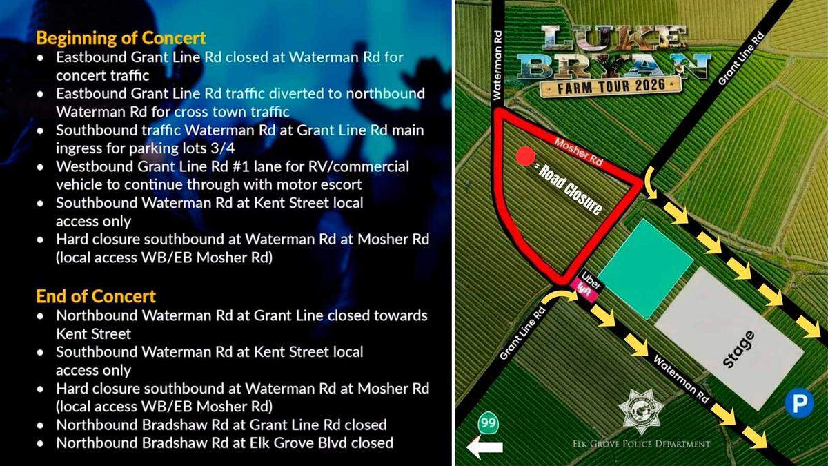 Two images shared by Elk Grove police show the road closures and detours planned for Saturday's concert for country star Luke Bryan. On Tuesday, Elk Grove police added a map showing how roads will be affected.