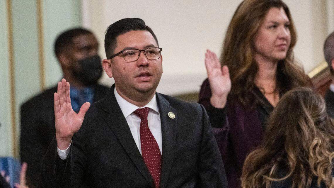 Newly elected Assemblyman Josh Hoover, R-Folsom, is sworn into office during the Assembly organizational session Dec. 5 at the state Capitol. As a Republican Latino, Hoover is not eligible for the Latino Caucus that has been reserved for Democrats since its creation 50 years ago.