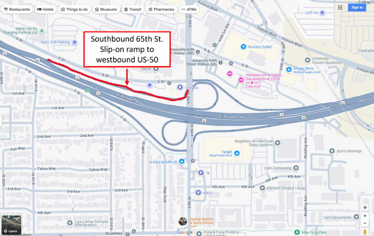 The southbound 65th Street on-ramp toward westbound Highway 50 will be closed from Tuesday, Nov. 5, through Tuesday, Nov. 13, 2024, according to the California Department of Transportation
