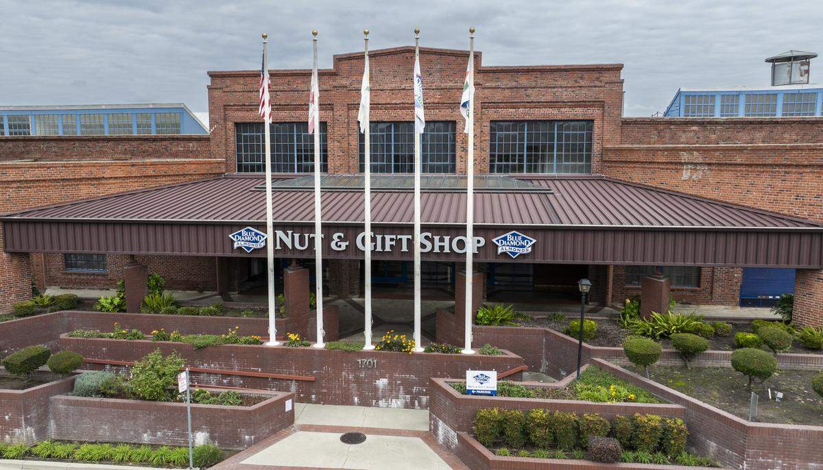 A drone photo of the Blue Diamond Nut & Gift Shop in Sacramento on Nov. 19.