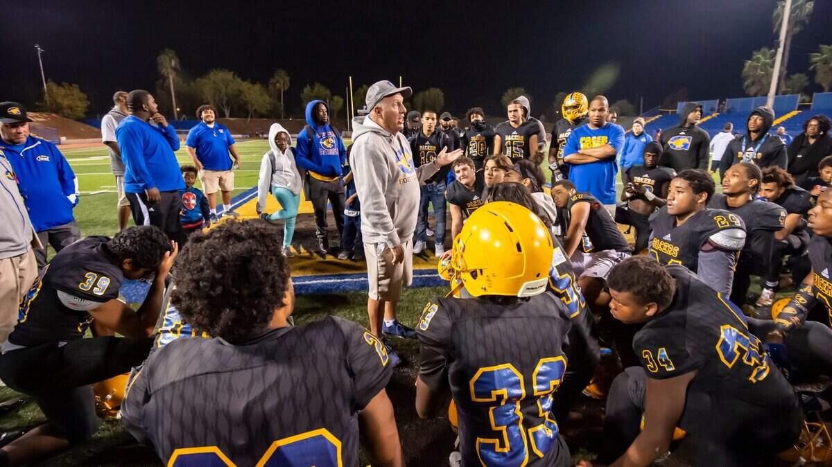 Grant Pacers head coach Mike Alberghini, talks to his team after their loss to Downey High School Knights, in the first round CIF playoff game, Friday Nov 2, 2018.  
