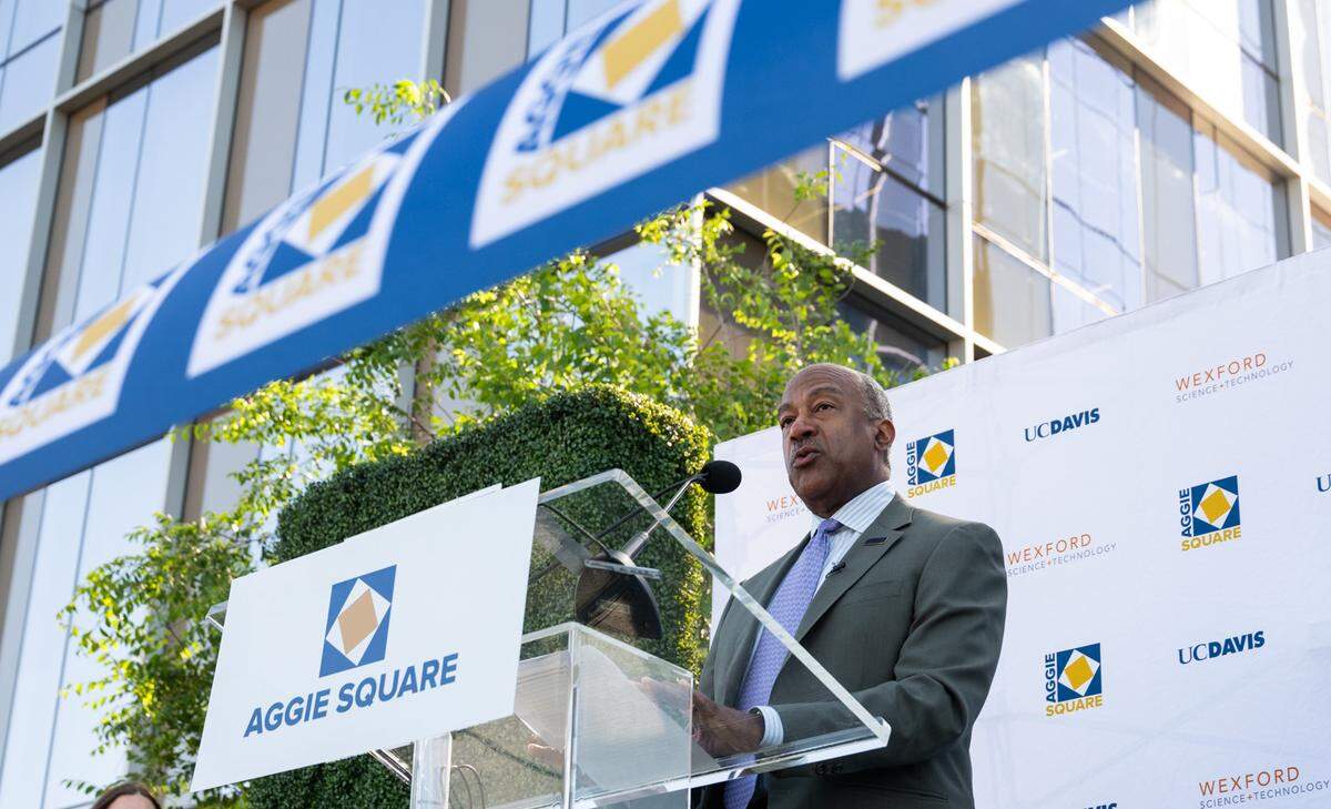 UC Davis chancellor Gary May speaks before the ribbon cutting ceremony at Aggie Square in Sacramento on Friday.