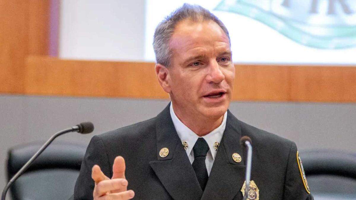 Gary Loesch, seen at a City Hall in October 2021, has been fired from his job as Sacramento’s fire chief. Loesch said he was abruptly fired Thursday afternoon during a meeting at City Hall in 2022. 