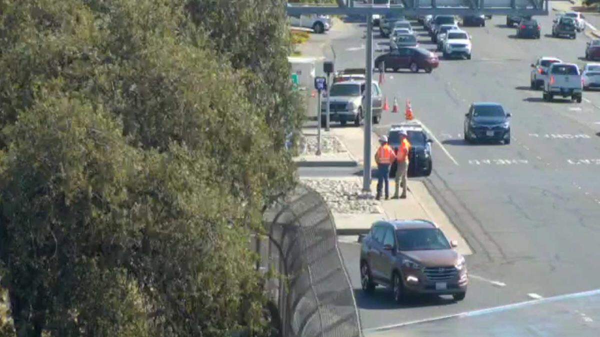 A Caltrans camera at Riverside Boulevard near I-80 shows Caltrans workers near the scene of an incident involving a tractor-trailer carrying a house Tuesday, Sept. 17, 2019.