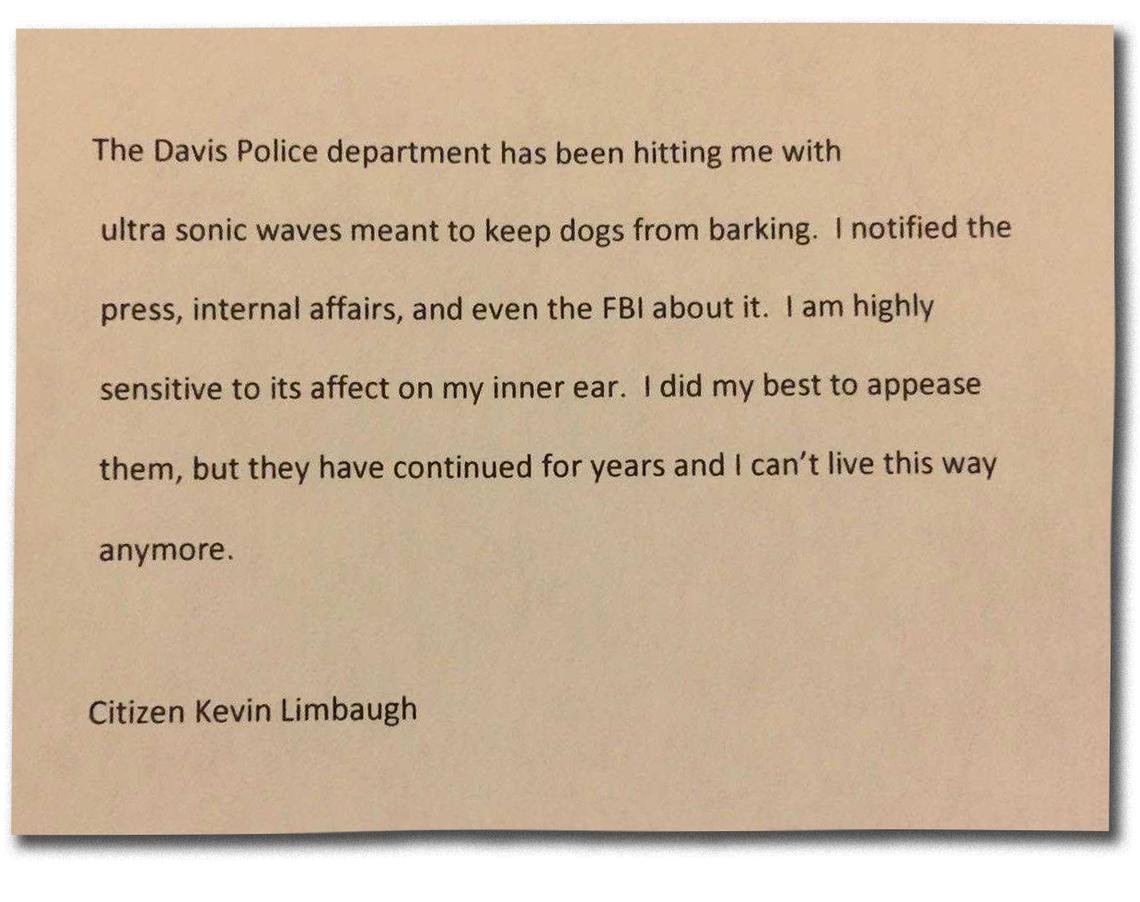 A photo of the letter Davis Police say Kevin Douglas Limbaugh left on the bed of his rental home after he gunned down Davis Police Officer Natalie Corona on Thursday, January 10, 2019. In addition to the letter, investigators found two semiautomatic handguns that were not registered to Limbaugh.