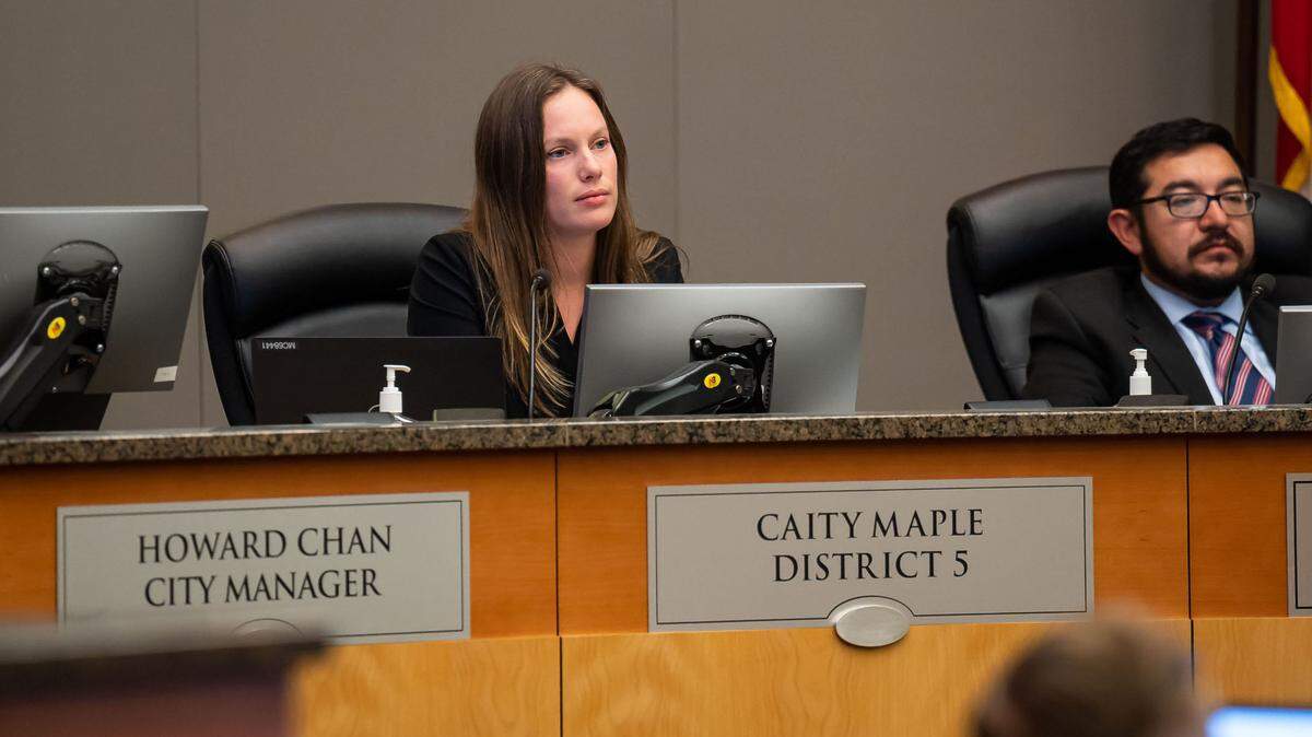 Sacramento City Councilwoman Caity Maple, center, listens to public comment Tuesday, Feb. 14, 2023.