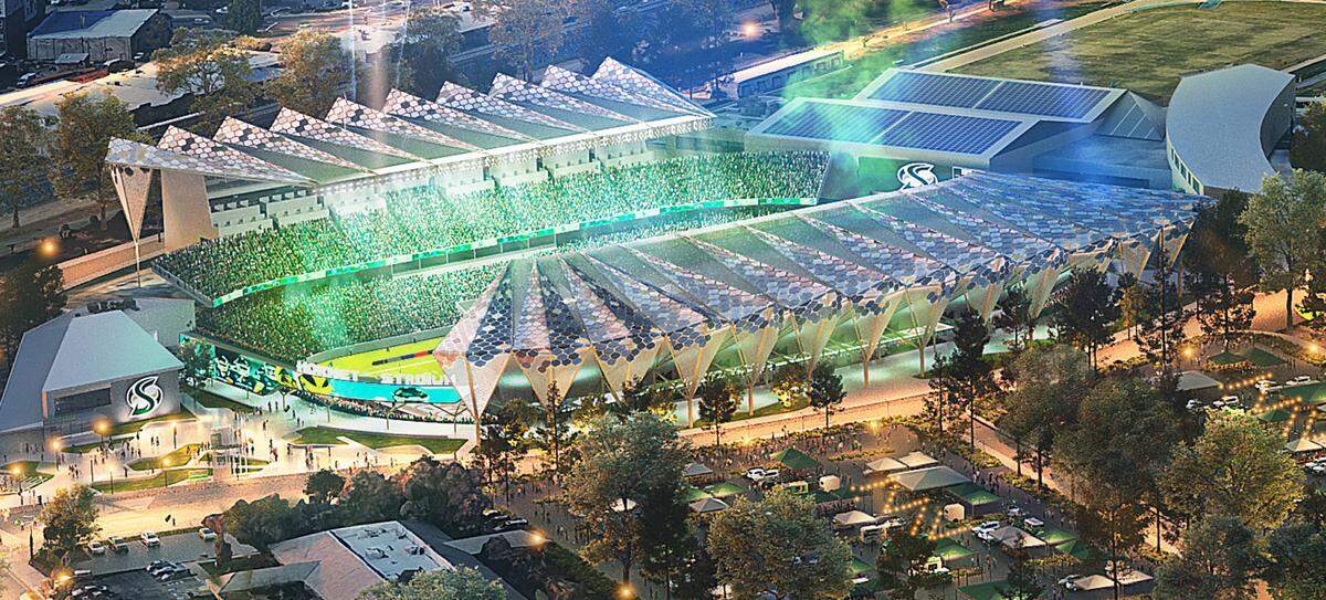 A rendering released in October 2024 shows an aerial view of a proposed new Hornet Stadium at Sacramento State.