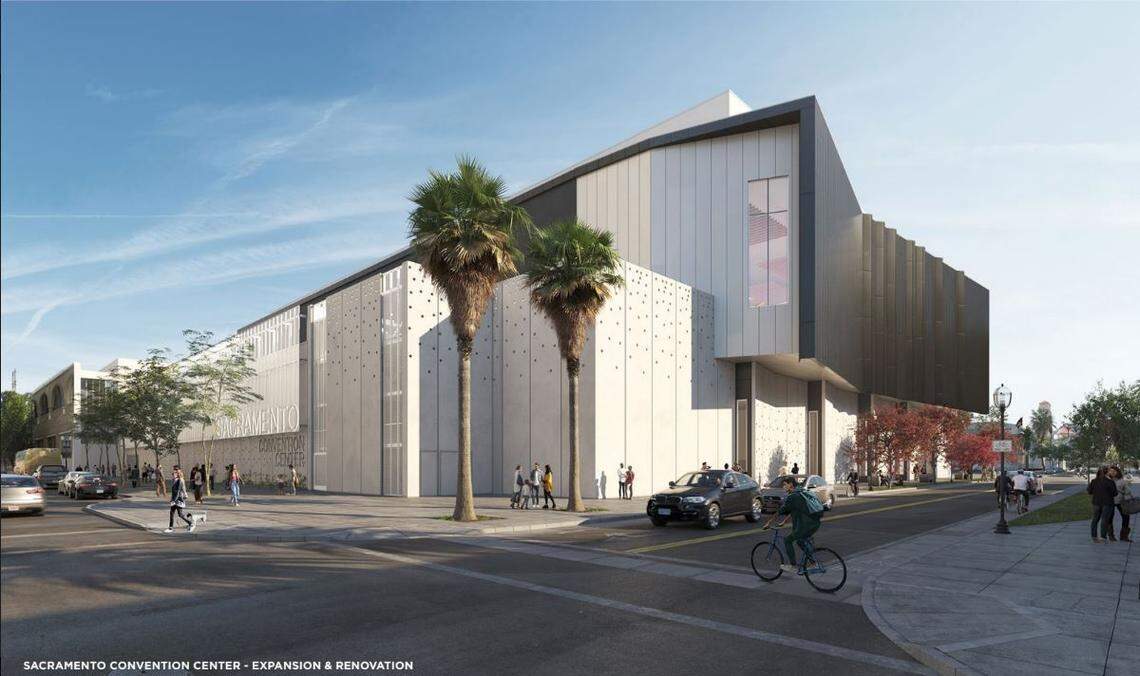 The view of a remodeled Sacramento Convention Center from J Street.