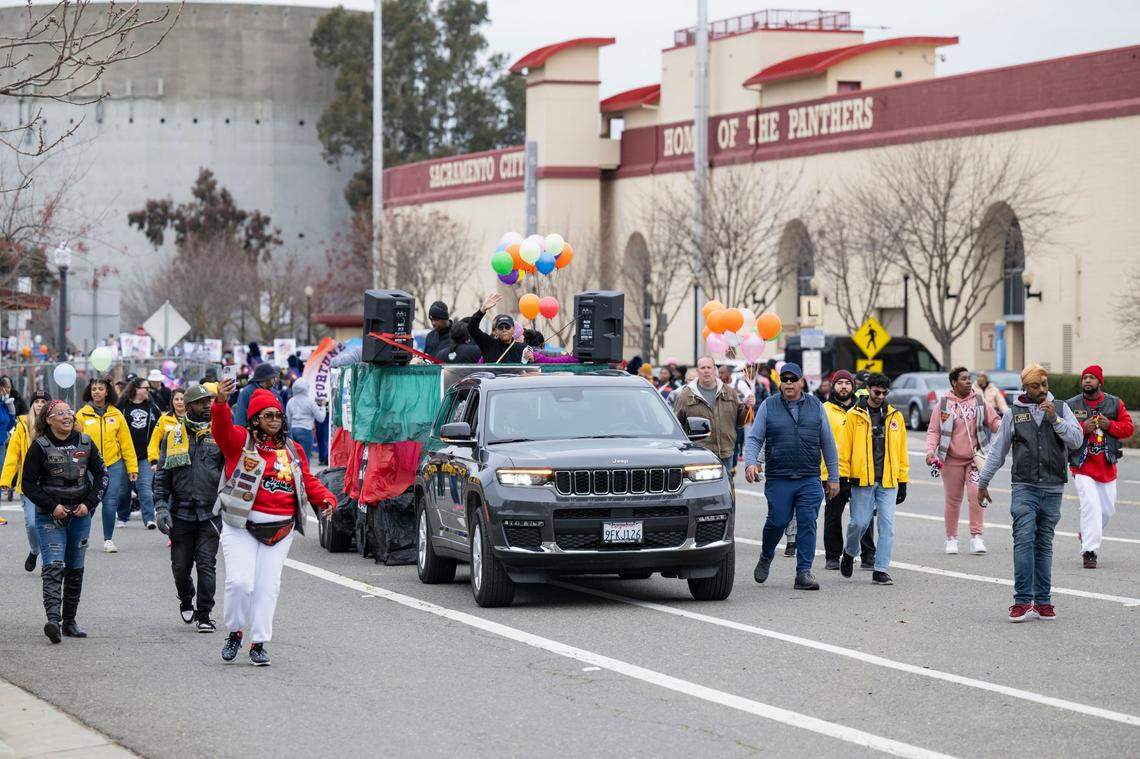 The “hype mobile” leaves Sacramento City College to start the MLK365 March for the Dream honoring Martin Luther King Jr. on Monday.
