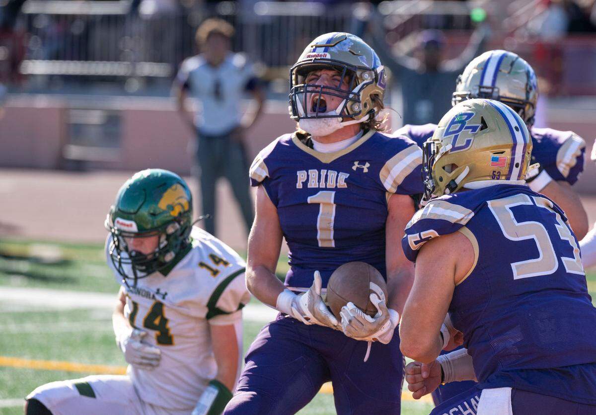 The Bradshaw Christian Pride’s Nathan Zeppieri (1) yells after scoring a 9-yard touchdown in the third quarter agains the Sonora Wildcats in the Sac-Joaquin Section Division VI championship game at Hughes Stadium in Sacramento on Friday, Nov. 29, 2024.