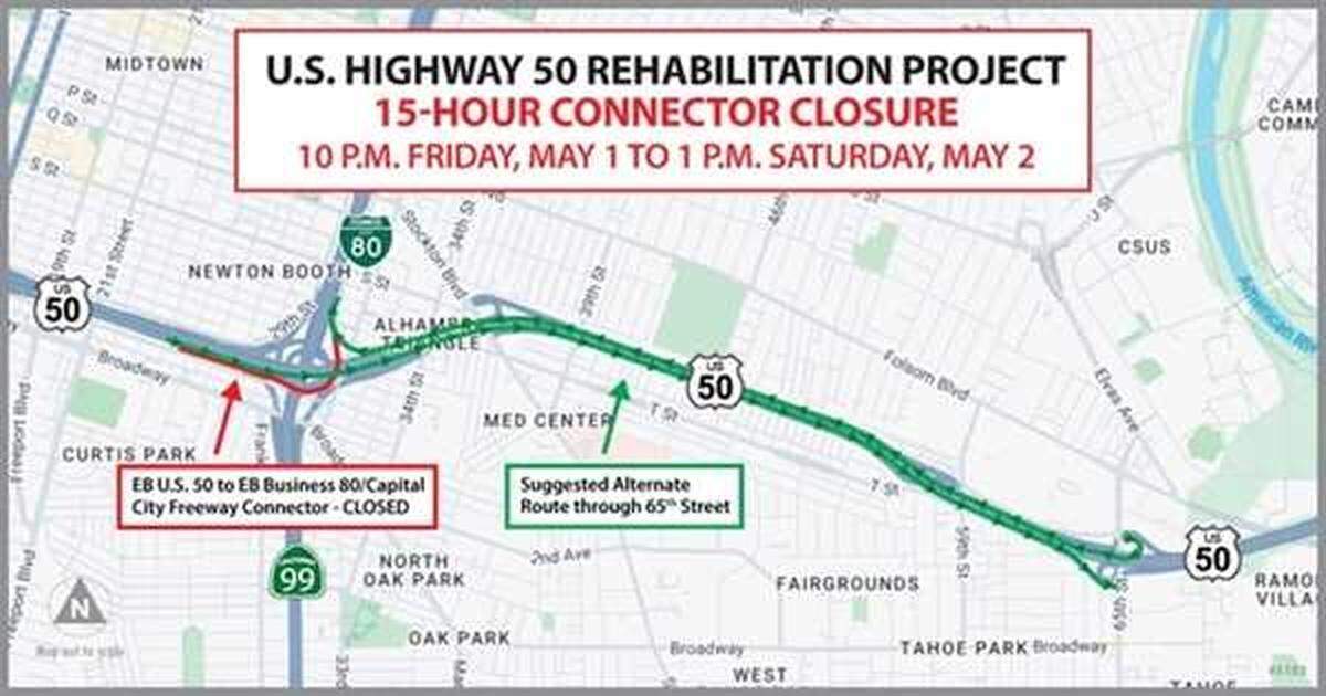 A map of this weekend’s closure of a connector on Highway 50 to the eastern portion of the Capital City Freeway.