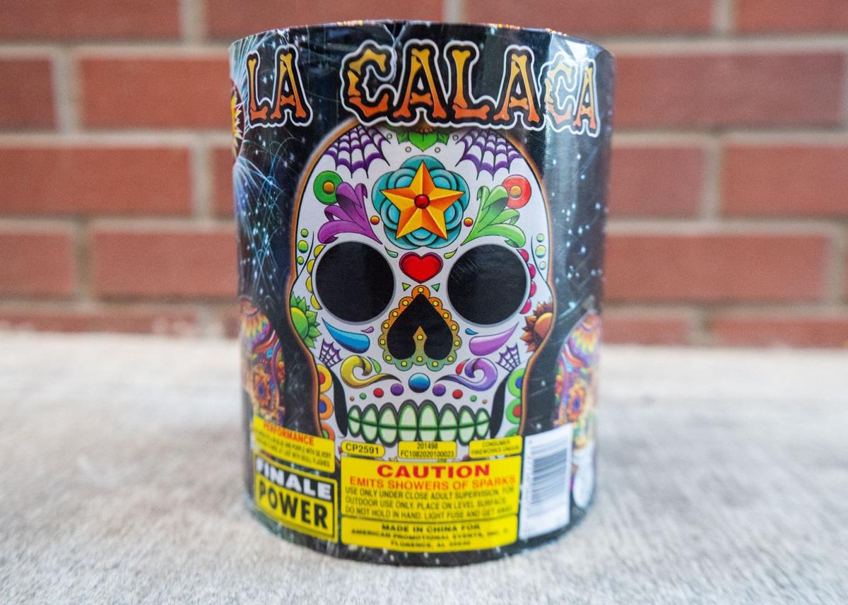 La Calaca sits on the ground before testing on Monday. This TNT Fireworks fountain had five shots and seven different colors.