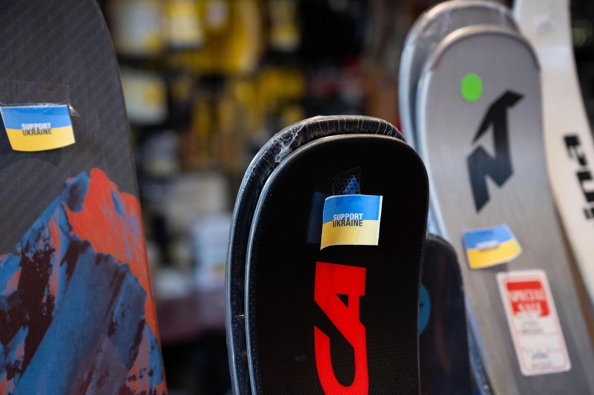 Tags on ski equipment manufactured in Ukraine sit on display at Land Park Ski & Sports on Tuesday, Aug. 9, 2022, in Sacramento. Ukraine normally manufactures massive amounts of ski equipment for some of the world’s best known ski brands.